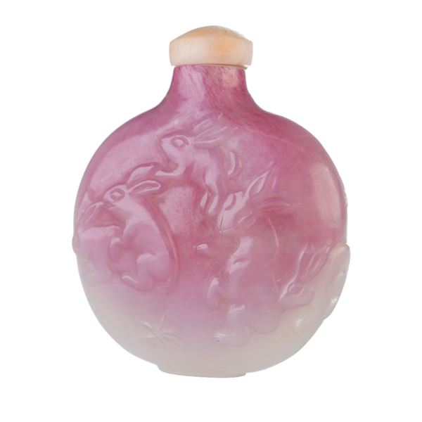 Peking Glass Overlay Snuff Bottle, Pink Rabbits