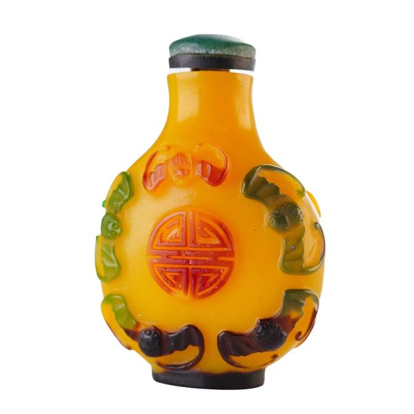 Peking Glass Snuff Bottle, Yellow with Multi-color Overlay, Shou Wu Fu