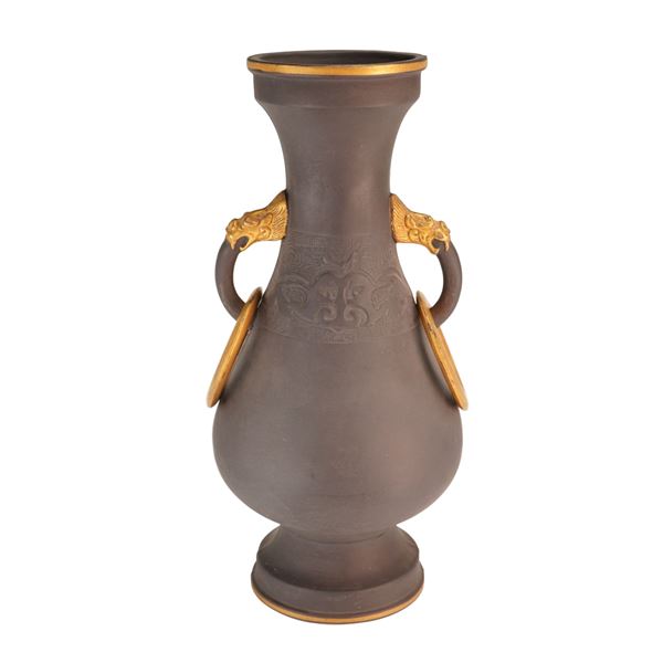 Wedgwood Black Basalt Gilt-Decorated Archaic Style Double-Handled Vase with Rings