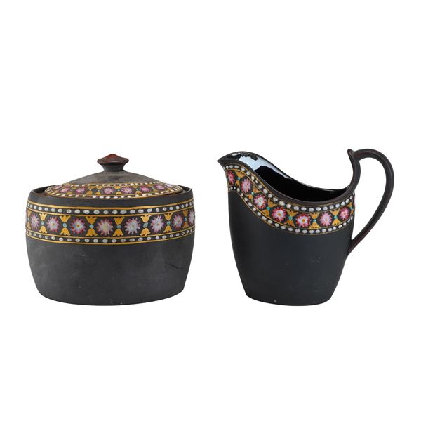Lot of Two Wedgwood Encaustic Decorated Black Basalt Creamer and Lidded Sugar Bowl