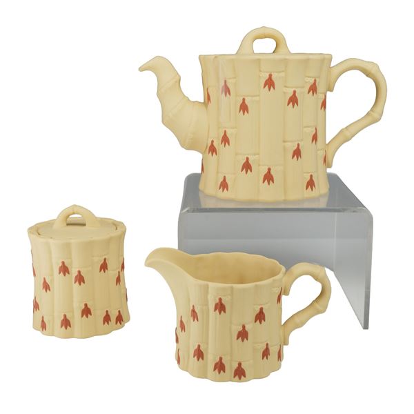 Wedgwood Caneware Three-Piece Tea Service with Rosso Antico Sprigged Decoration, Bamboo Pattern