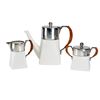 Image 1 : A Three-Piece Wedgwood Ceramic Coffee Pot, Creamer, and Sugar Bowl with F.W. Quist Silver-Plated Rim