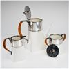 Image 2 : A Three-Piece Wedgwood Ceramic Coffee Pot, Creamer, and Sugar Bowl with F.W. Quist Silver-Plated Rim