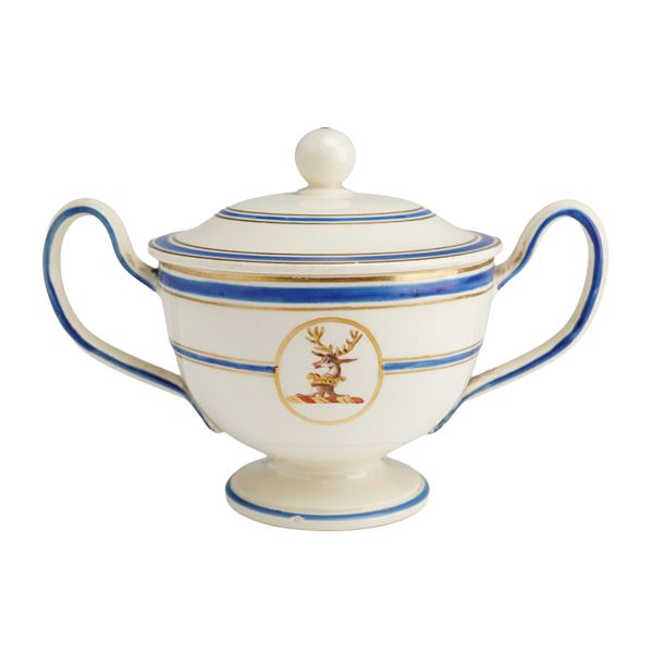 Wedgwood Footed Double Handled Lidded Sugar Bowl with Painted Elk Head on Lid