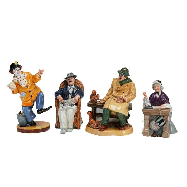 Lot of 4 Royal Doulton Figurines: The Clown, Schoolmarm, Taking Things Easy, and Lunchtime