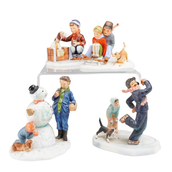 Lot of 4 Gorham Norman Rockwell Bone China Four Seasons Winter Figurines with Three Boxes