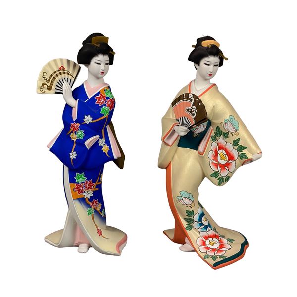 2pc Japanese Hakata Bisque Geisha Dolls The Maidens of Shiki Ori Ori, Summer and Fall