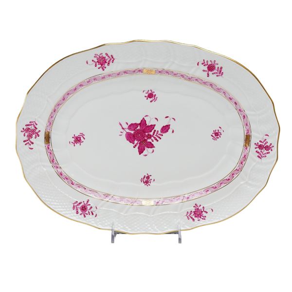 Herend Hand-Painted Porcelain Oval Platter in Chinese Bouquet Raspberry Pattern