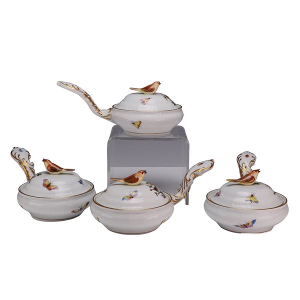 4pc Herend Rothschild Bird Porcelain Covered Dishes with Handles