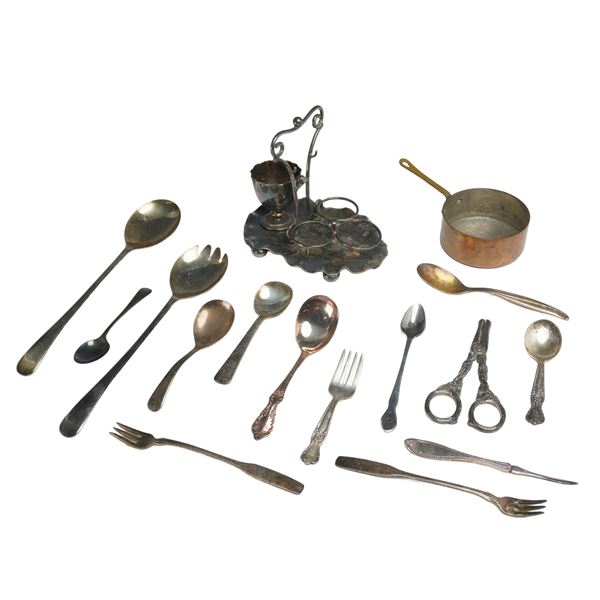 17 Pieces of Assorted Metal Items Including a James Deakin and Sons Silver-Plated Cruet Set, Utensil
