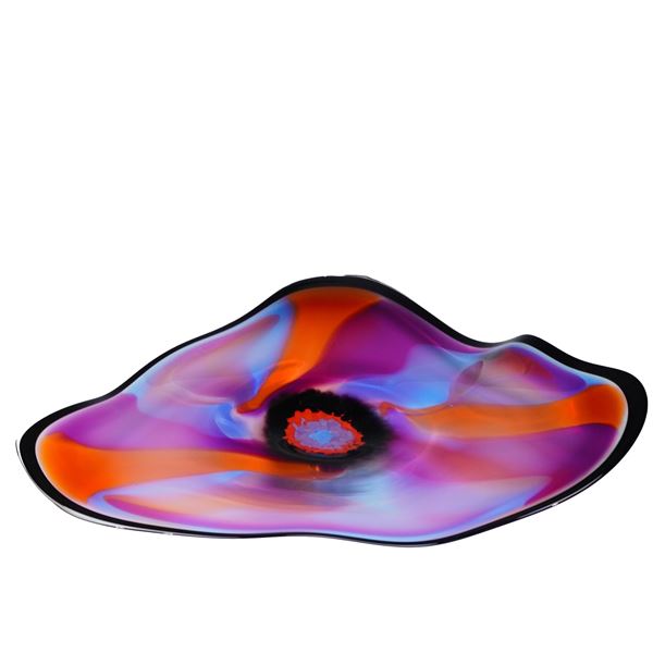 Ross Neder (American, 20th/21st c.) Large Solo Offhand Blown Jeweltone Glass Wall Platter Sculpture 