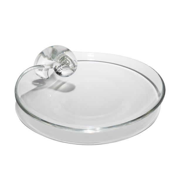 Signed Steuben Clear Crystal Art Glass Dish with Scrolled Snail Handle