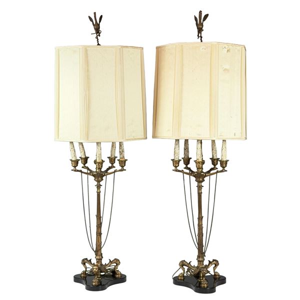 A Pair of Antique Neoclassical Style Gilt Bronze Table Lamps with Big Cat Feet and Stork Finials