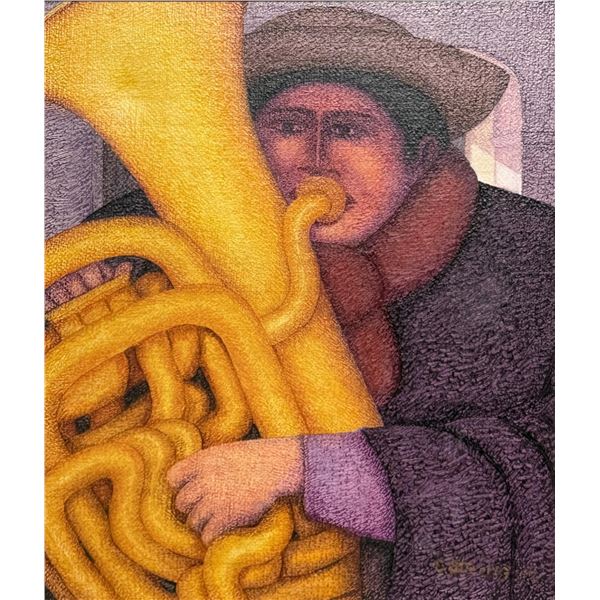 Ernesto Gutierrez (Peruvian, b. 1941), Oil on Jute, The Horn Player