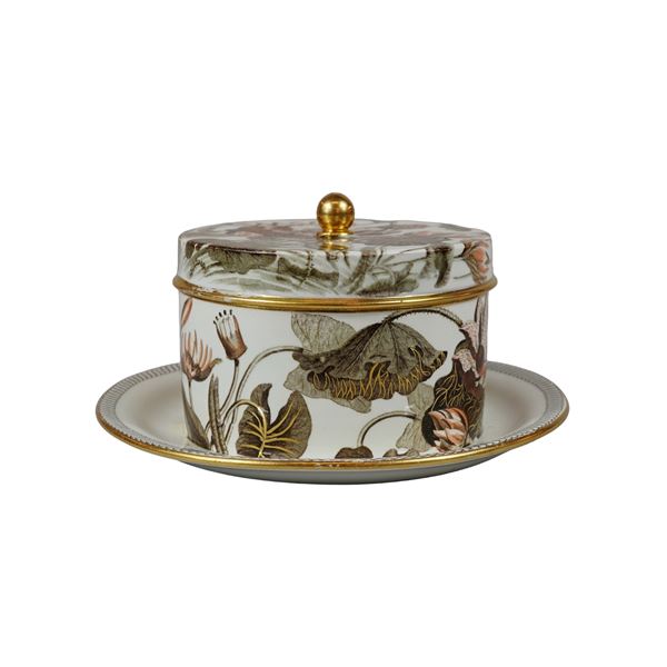 Wedgwood Pearlware Covered Butter Tub with Underplate, Water Lily Pattern