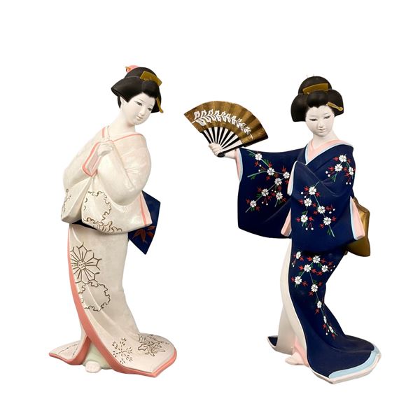2pc Hakata Bisque Figurines, Snowflake Maiden of Winter and Cherry Blossom Maiden of Spring