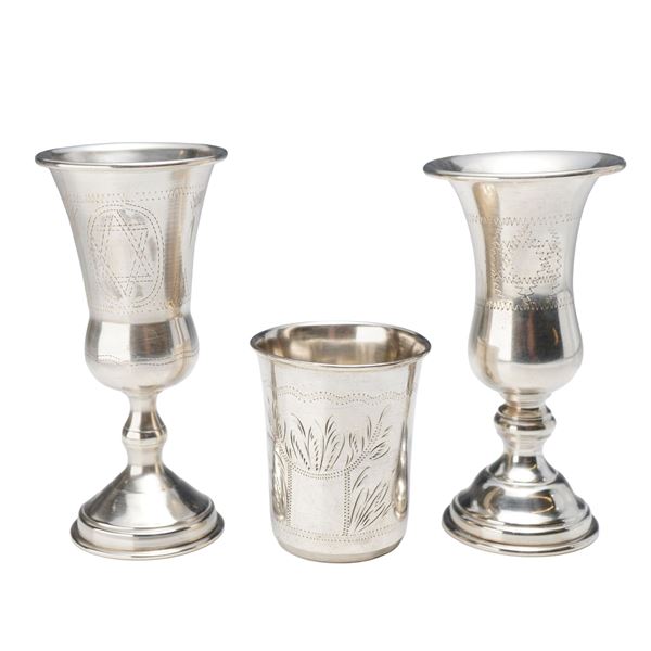 A Lot of 3 Sterling and 84 Silver Russian Judaica Cups with Etched Designs
