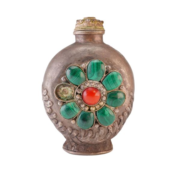 Mongolian Silver Repousse Snuff Bottle, Flower, Dragon Bird in Waves