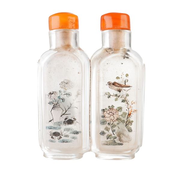 Inside Painted Glass Double Snuff Bottle, Bird and Flowers