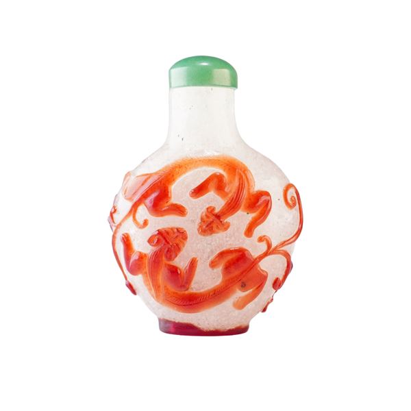 Peking Glass Snuff Bottle, Brown Overlay Qilin and Chilong