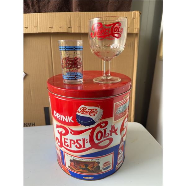 Pepsi-Cola Tin, Goblet, and small Pepsi Glass