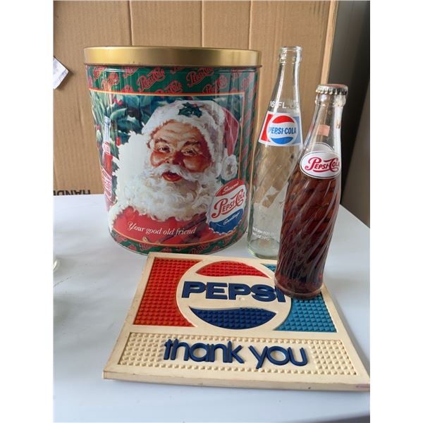 Pepsi Holiday Santa Tin, Bottles, and Sign