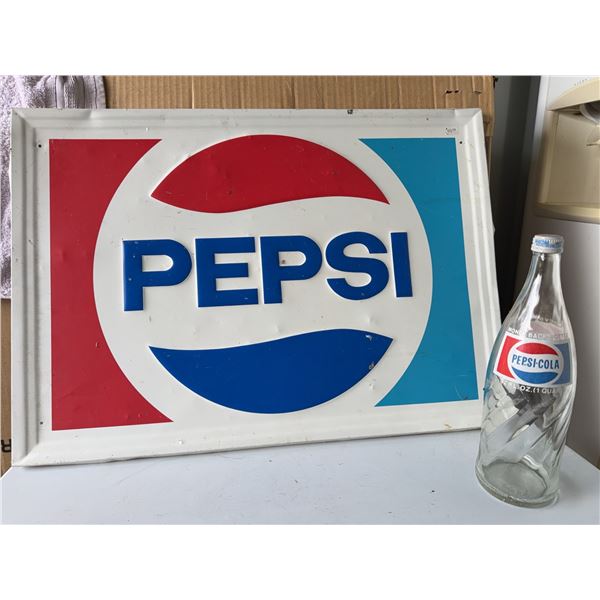 Pepsi Advertising Sign and Glass Bottle