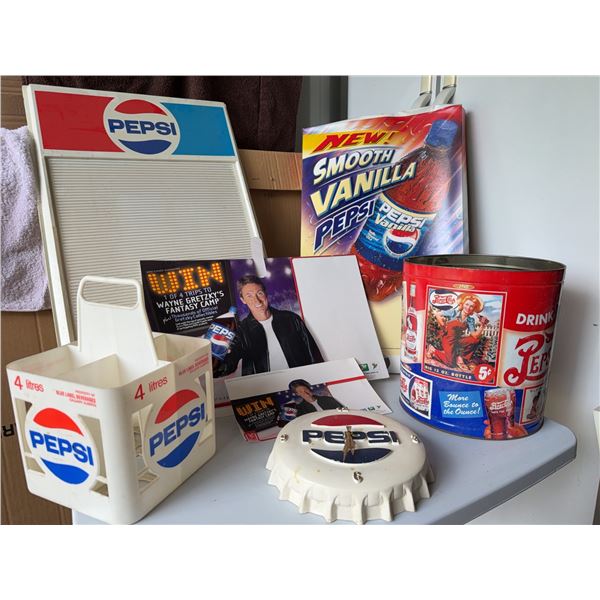 Pepsi Collectibles Lot With Signs, Tin, and C