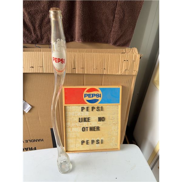 Pepsi Swirled Glass Bottle and Sign