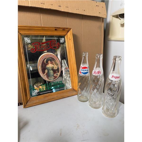 Pepsi-Cola Bottles and Framed Mirror Lot
