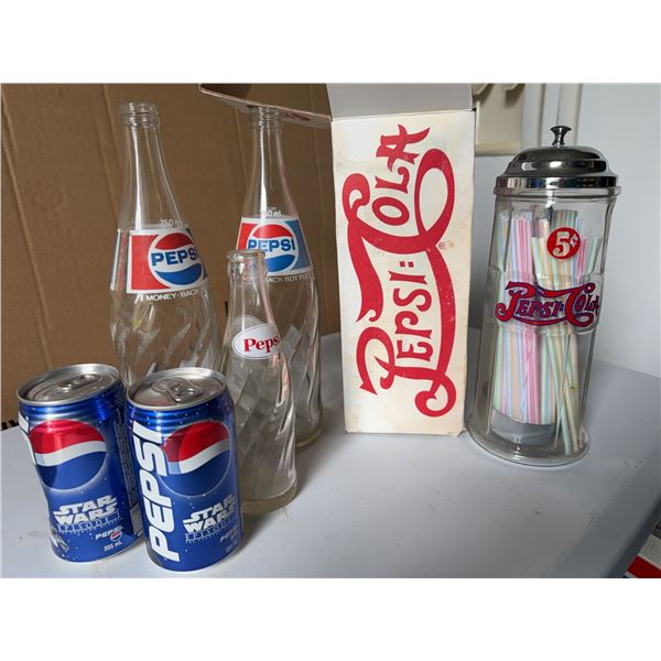 Pepsi Collectibles Lot With Bottles, Cans, &