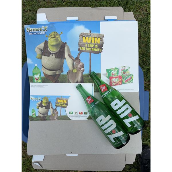 2x 7UP Glass Bottles with Shrek 2 Promo Material