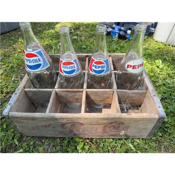 Vintage Pepsi Glass Bottles With Wooden Crate