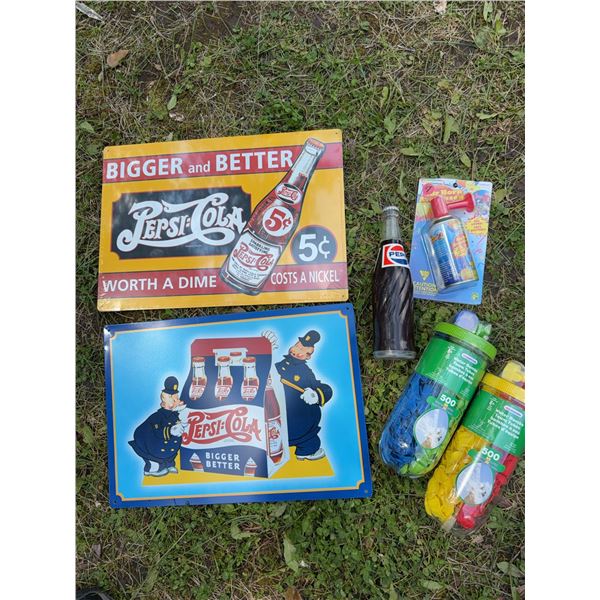 Pepsi Radio Bottle and Pepsi Signs Lot