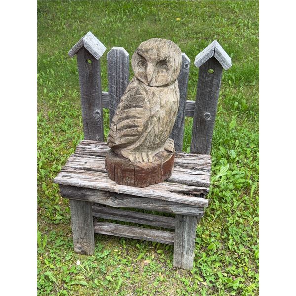 Wooden Owl Sculpture on Rustic Bench