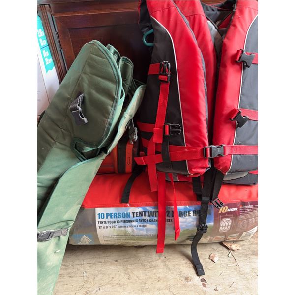 Lifejackets, Chair, and 10 Person Tent Lot