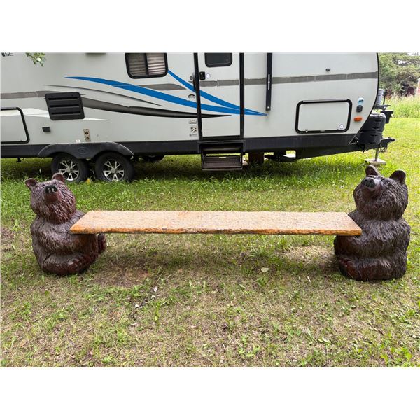 Bear-Themed Bench with Wooden Slab Seat, 124 in Long