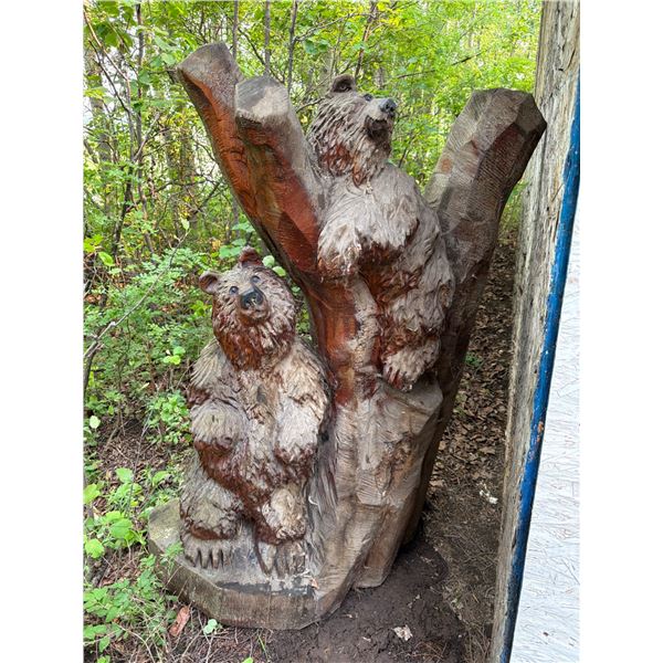 Carved Wooden Sculpture of Two Bears on Tree