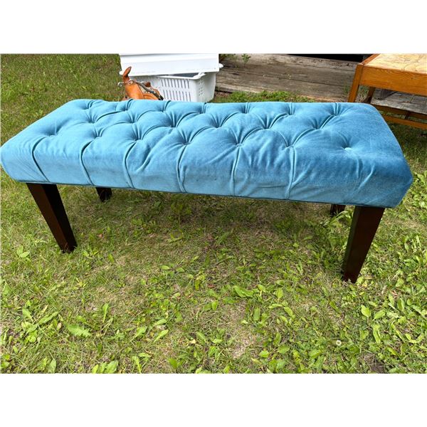 Tufted Blue Velvet Bench With Wooden Legs