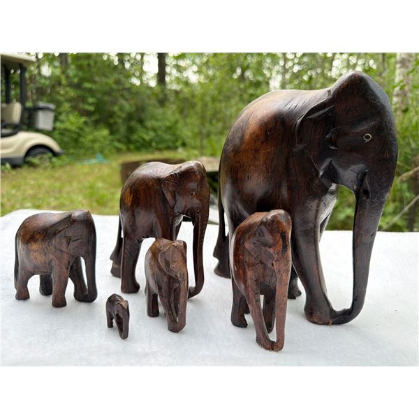 Six Hand-Carved Wooden Elephant Figurines