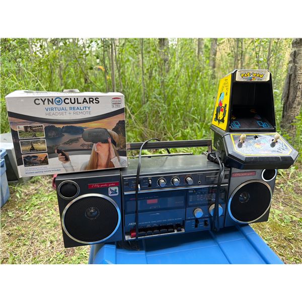 Vintage Electronics, Including Pac-Man Game, VR Headset, and Boombox