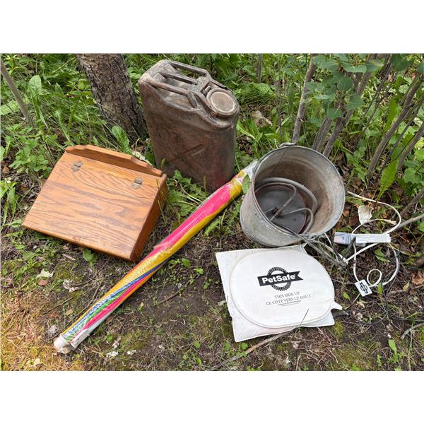 Items Including Jerry Can, Bucket, and PetSafe Equipment