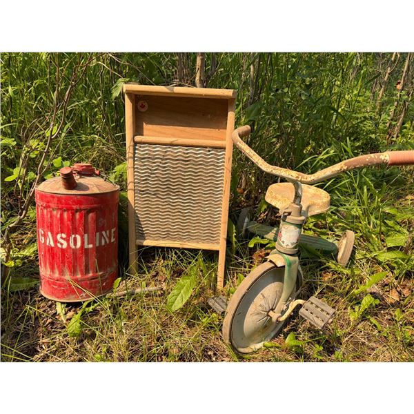 Vintage Red Gas Can, Metal Washboard, and Child's Tricycle