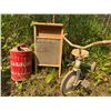 Image 1 : Vintage Red Gas Can, Metal Washboard, and Child's Tricycle