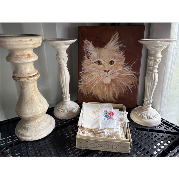 Ceramic Candle Holders, Cat Painting, and Handkerchiefs