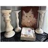 Image 1 : Ceramic Candle Holders, Cat Painting, and Handkerchiefs