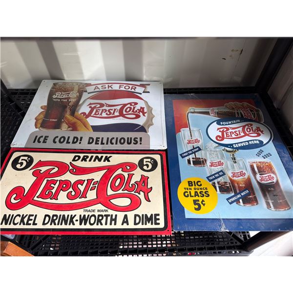3 Tin Signs Featuring Pepsi-Cola Advertising