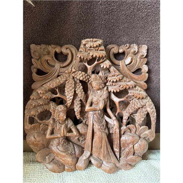 Hand-Carved Balinese Wood Panel Depicting Rama and Sita