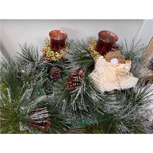 Pinecone Garland, Angel Music Box, and Candle Holders