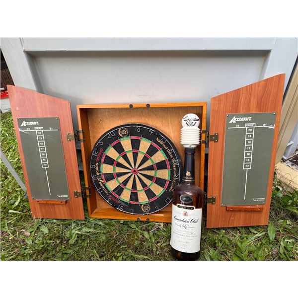 Vintage Dartboard Cabinet with Canadian Club Bottle & Pump
